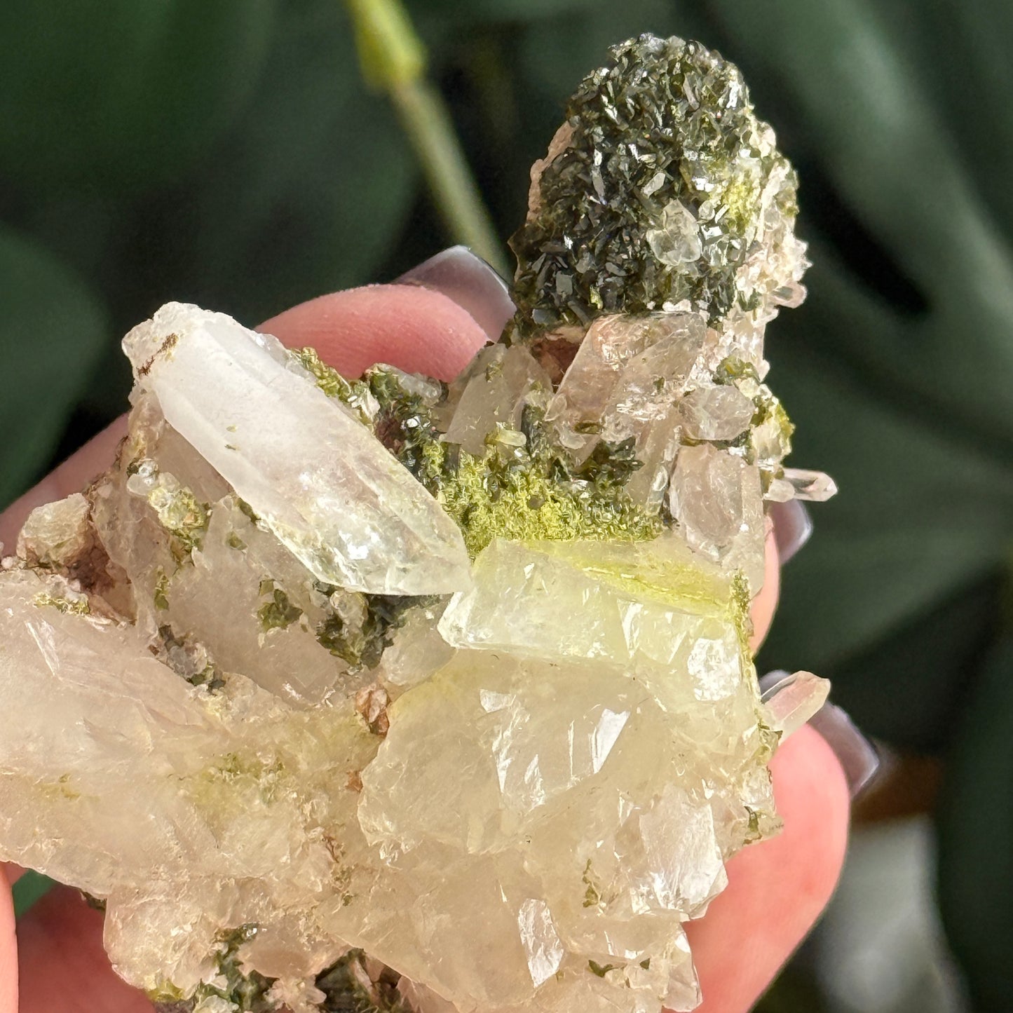 Epidote & Creedite on Quartz Specimen