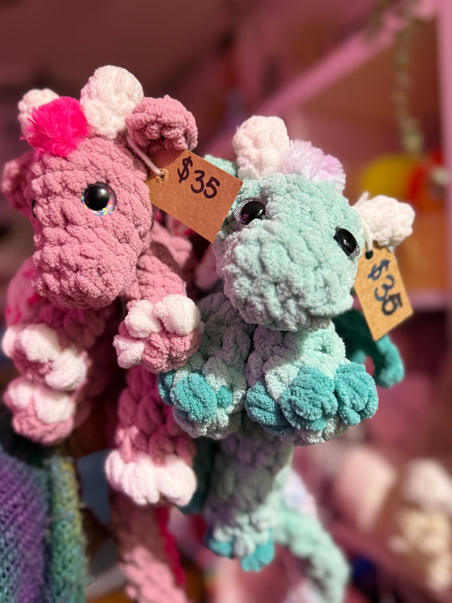 Both Crochet Dragons, Blue + Pink