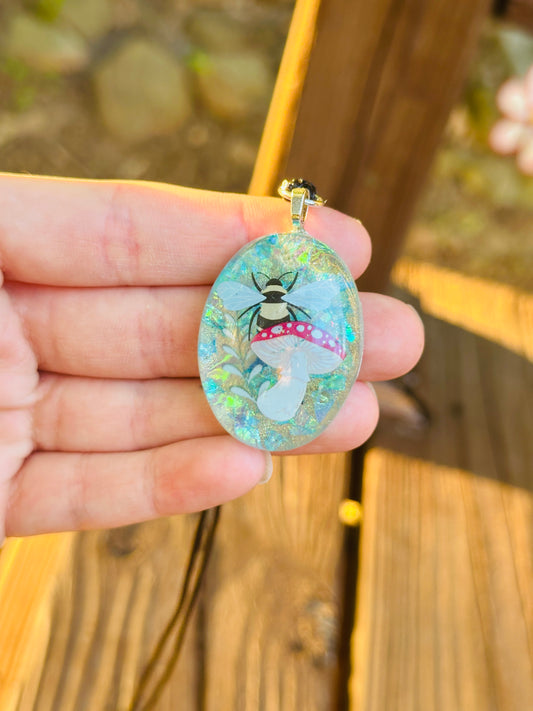 Mushroom Bee Resin Necklace - Handmade