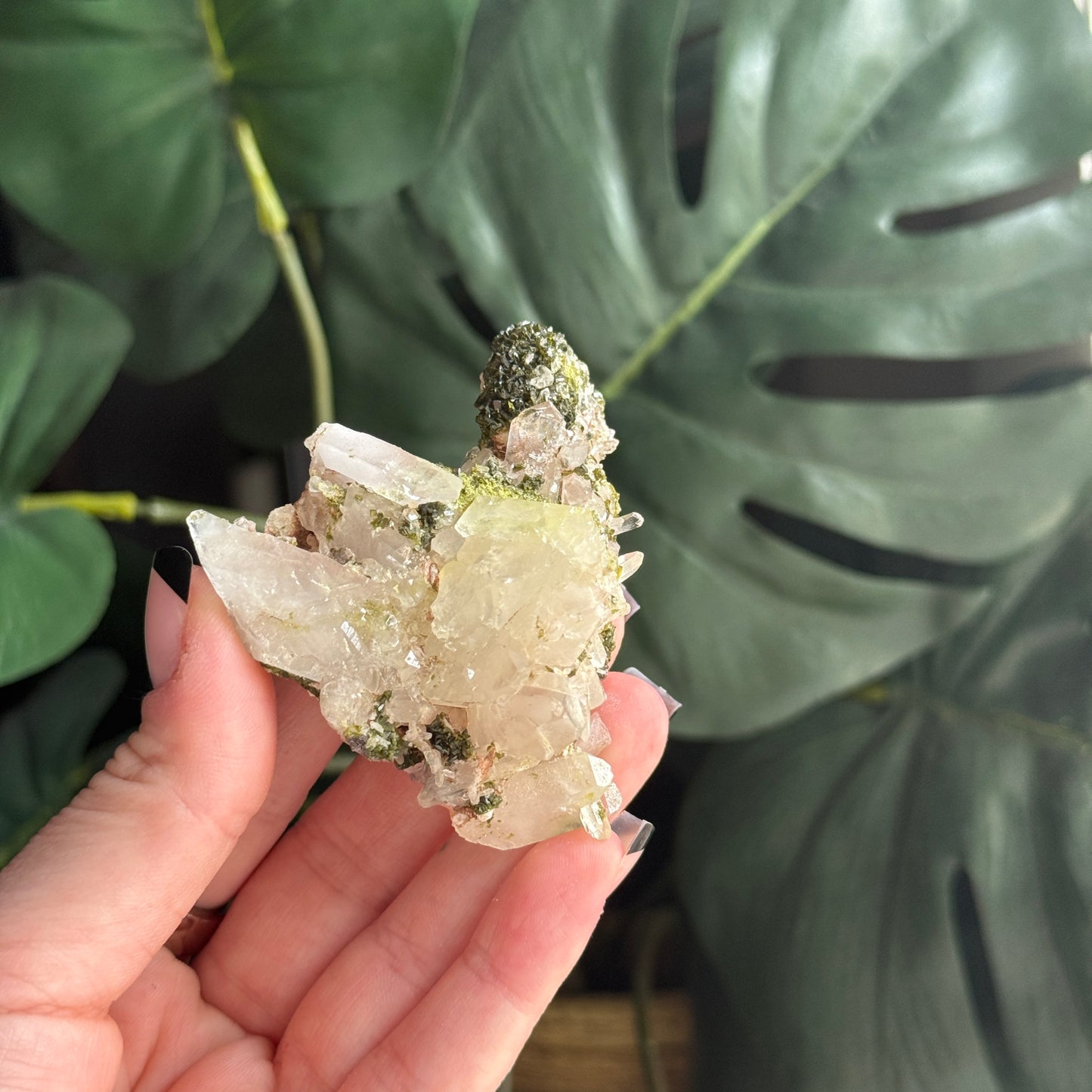 Epidote & Creedite on Quartz Specimen