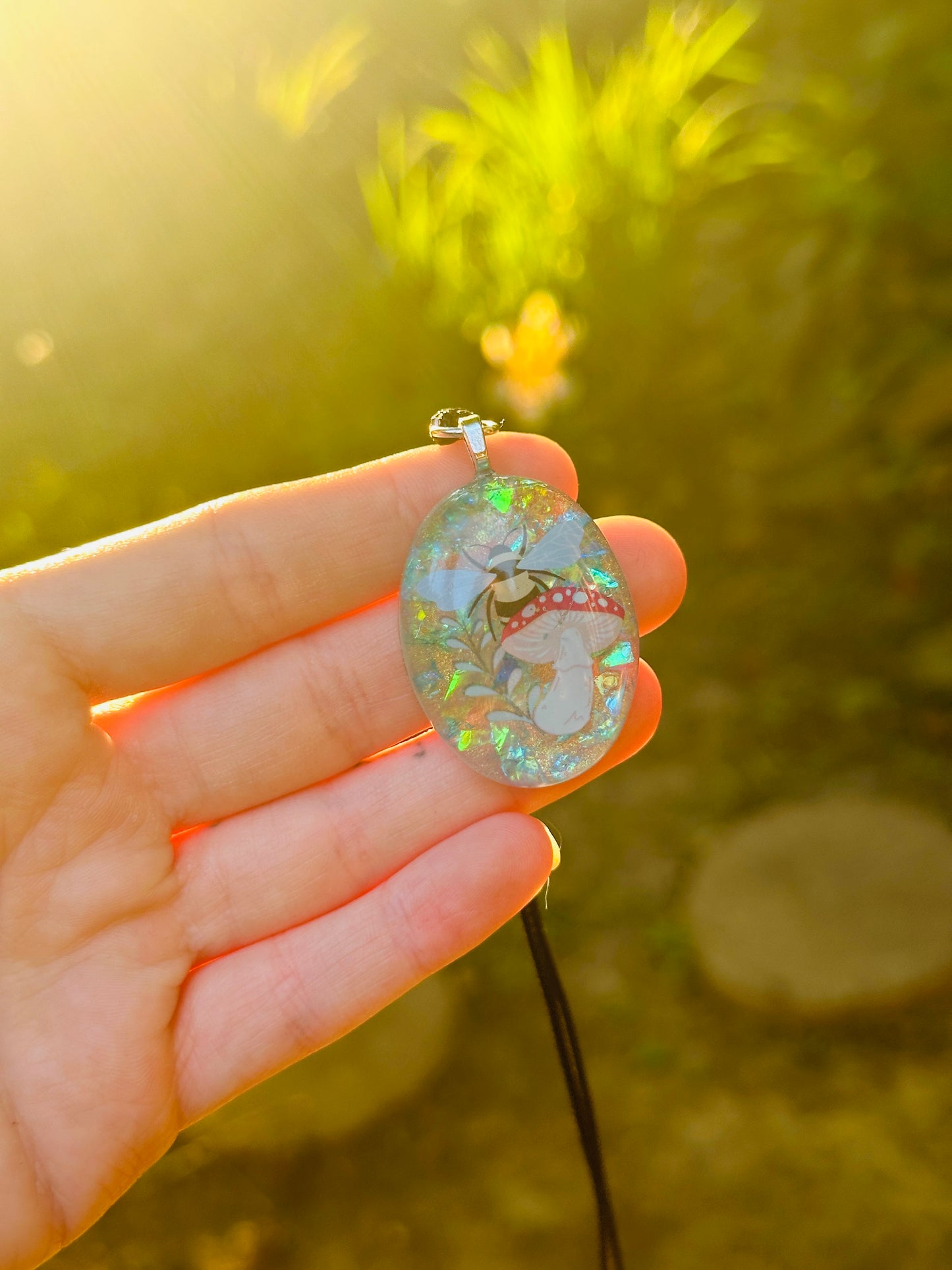 Mushroom Bee Resin Necklace - Handmade