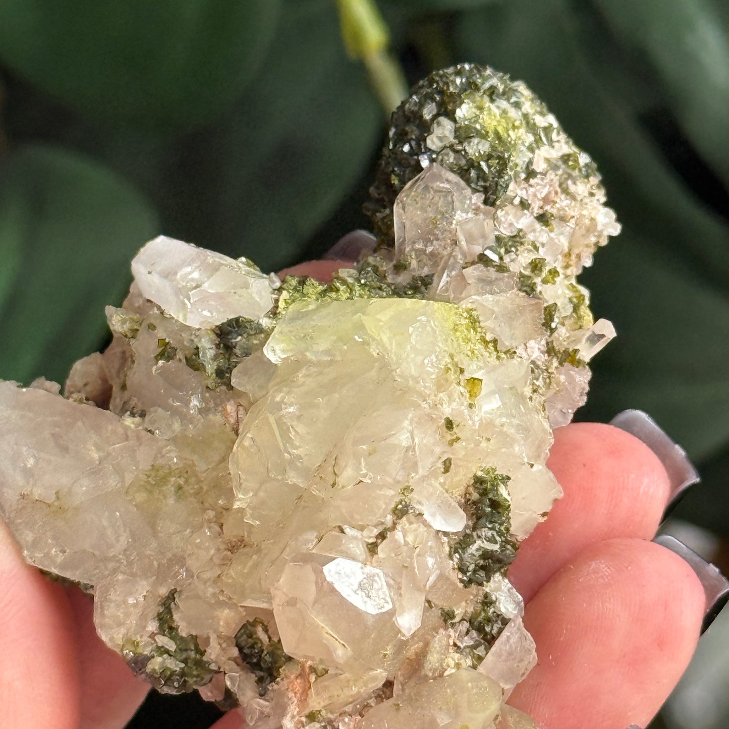 Epidote & Creedite on Quartz Specimen
