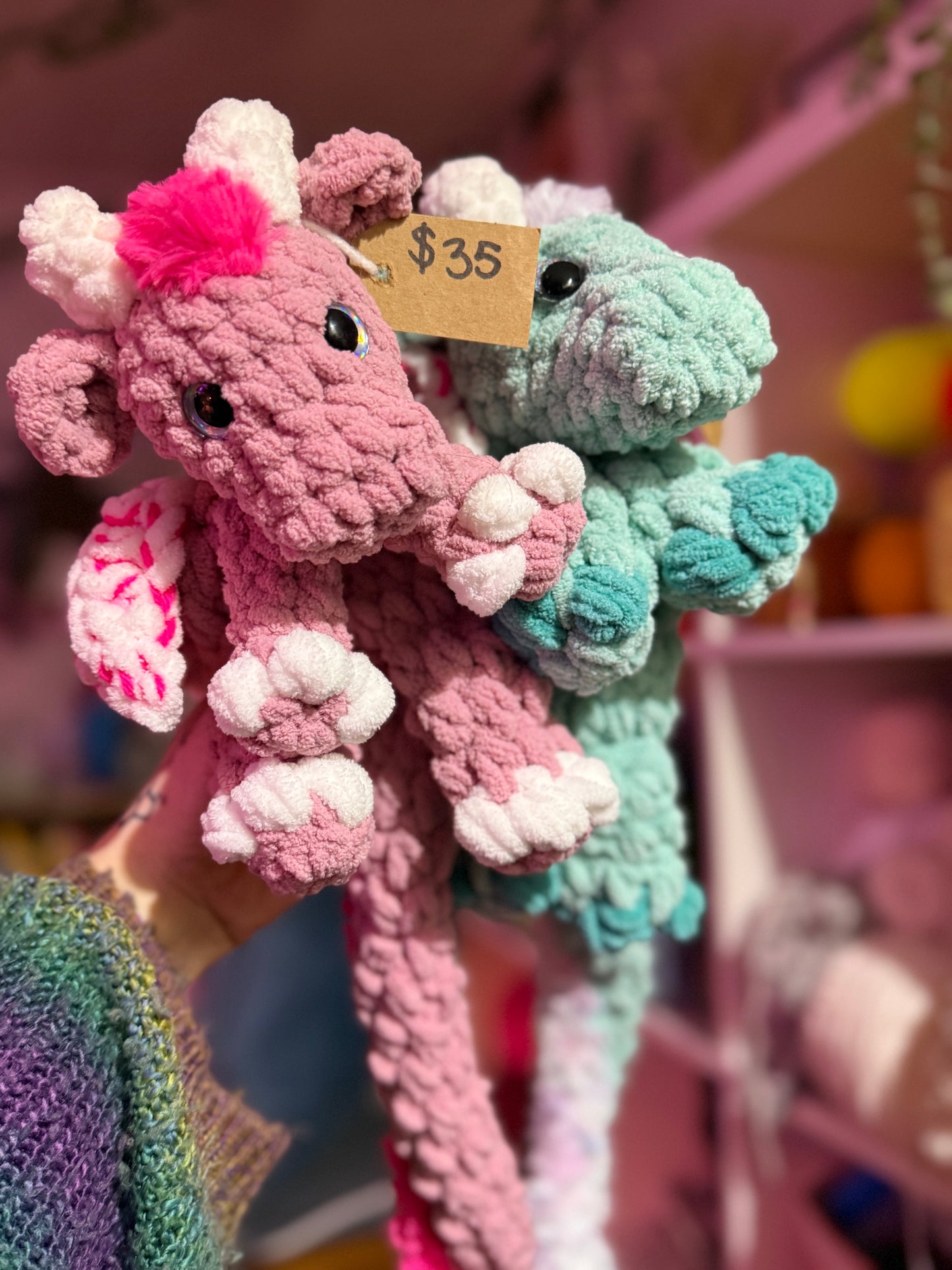 Both Crochet Dragons, Blue + Pink