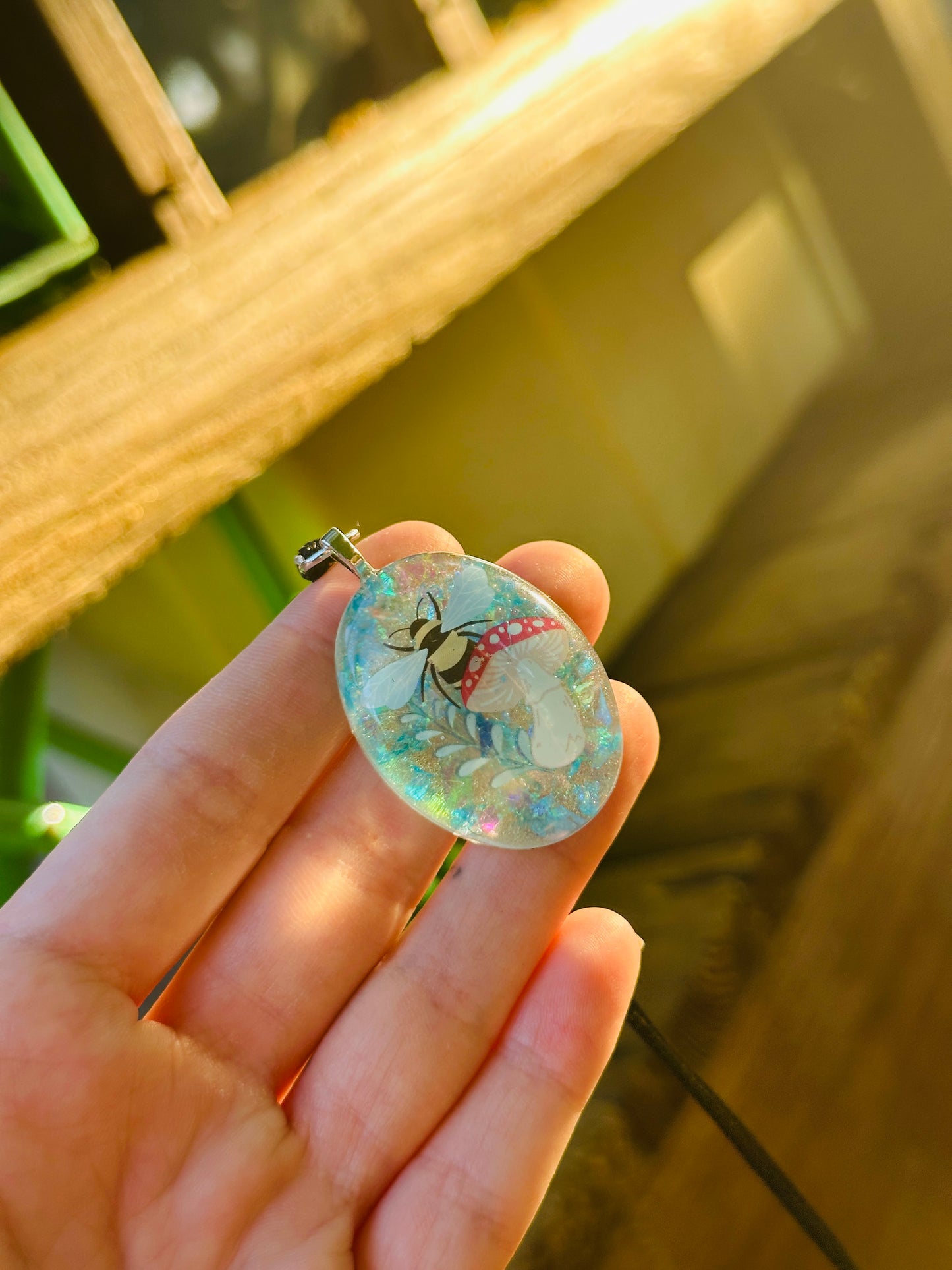 Mushroom Bee Resin Necklace - Handmade