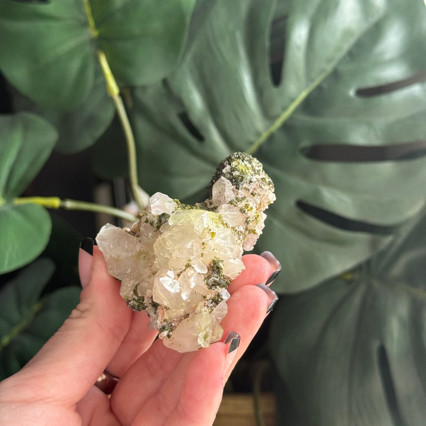 Epidote & Creedite on Quartz Specimen